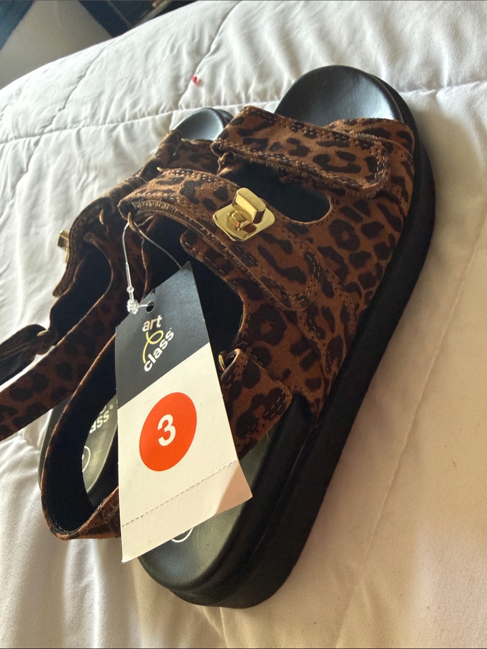art class Leopard Print Velcro Sandals - Brown/Black with Gold Accent